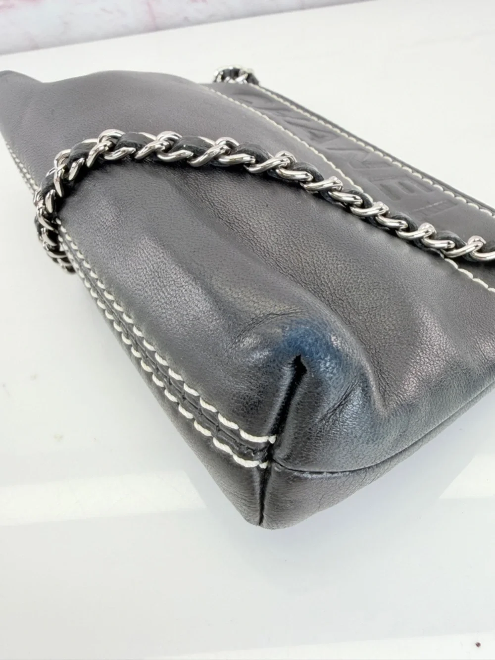 CHANEL LAX Black Leather Chain Shoulder Bag Pochette Embossed Logo